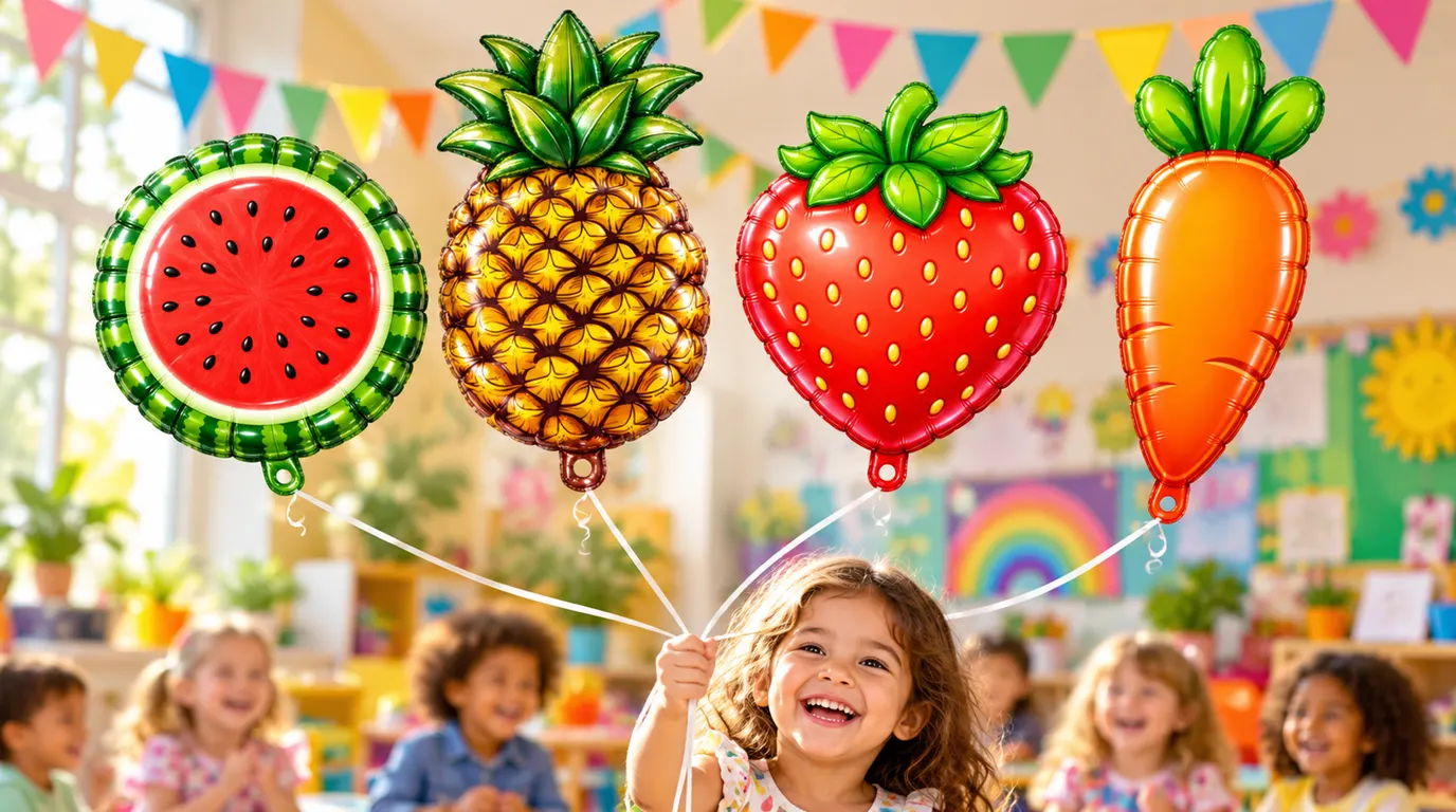Toyon watermelon, pineapple and strawberry foil balloons held up at a bright celebration.