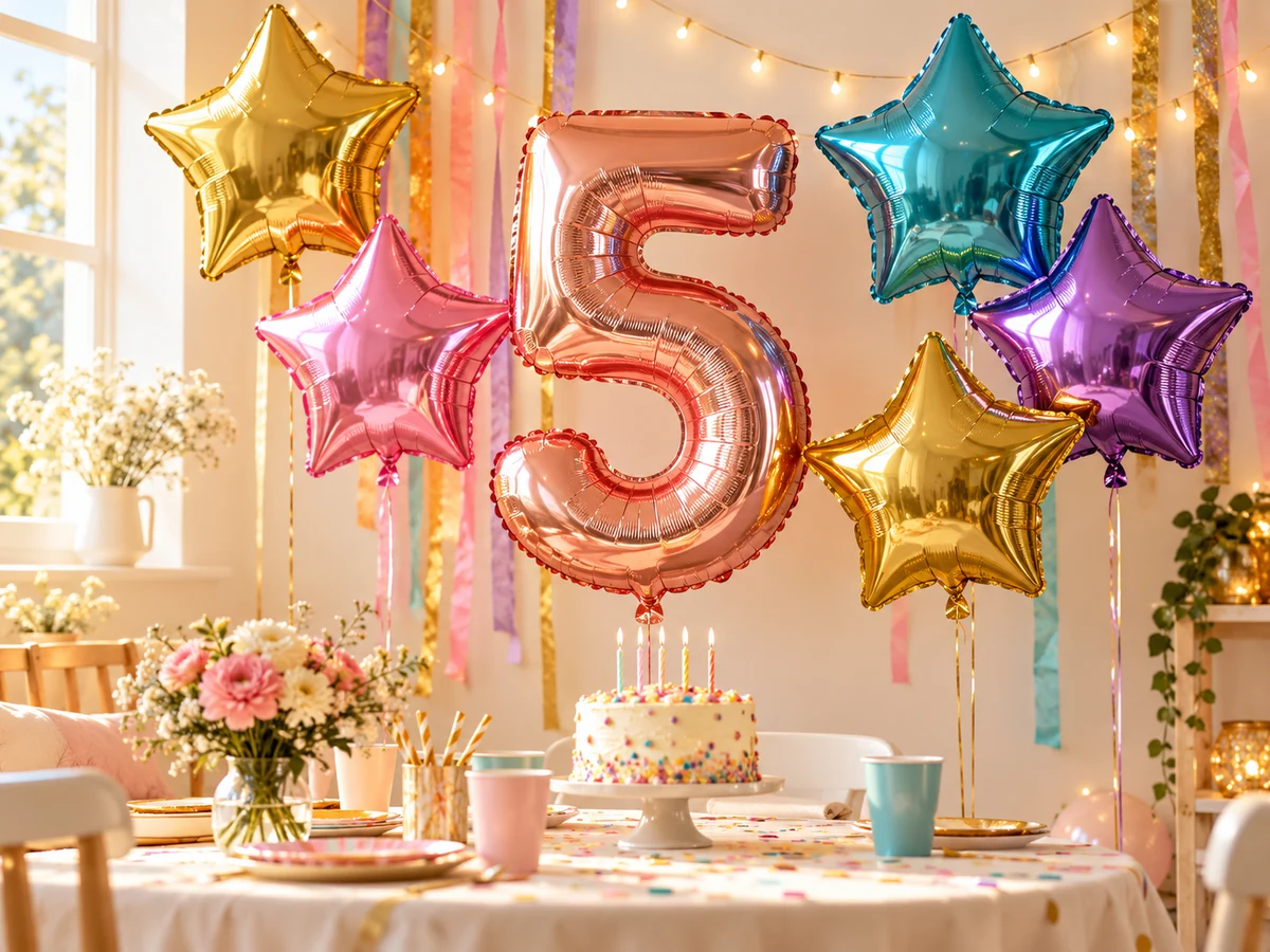 Colourful foil balloons above a birthday cake on a decorated table.