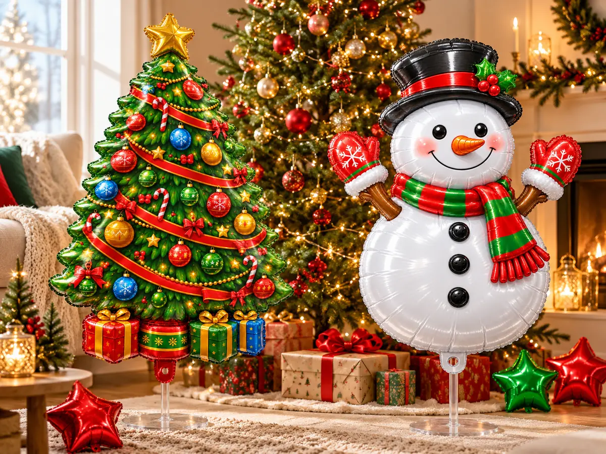 Christmas tree and snowman foil balloons on stands in a festive living room.