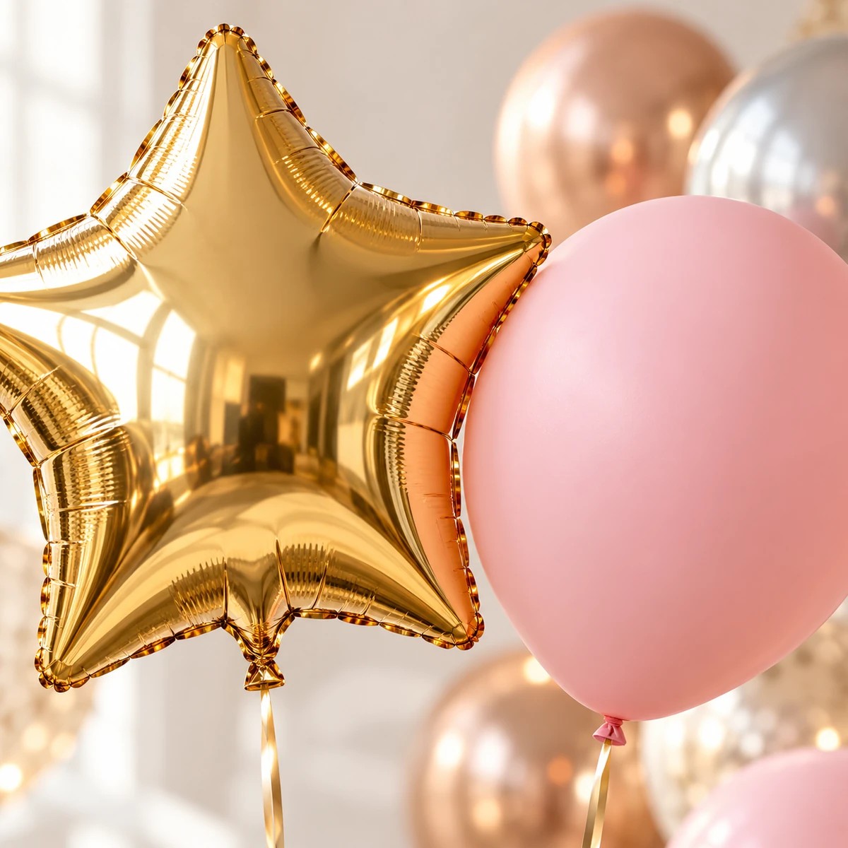 Close-up of a reflective gold foil star beside a matte pink latex balloon.