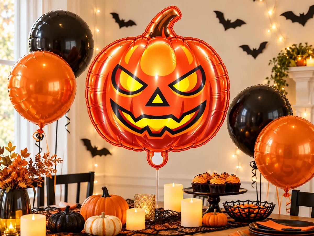 A pumpkin foil balloon above a Halloween party table with candles.