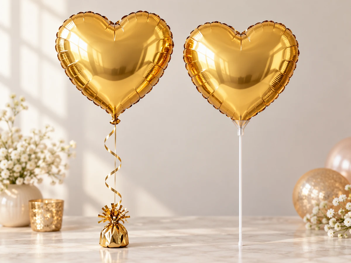 Two matching gold foil heart balloons: one floating on a ribbon, one mounted on a clear stick.