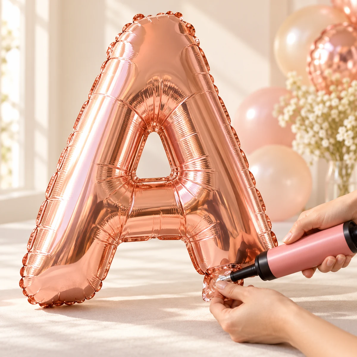 Hands using a manual pump to inflate a rose-gold foil balloon.